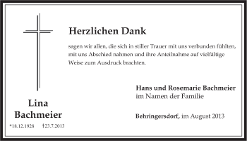Traueranzeige von Lina Bachmeier von Pegnitz-Zeitung